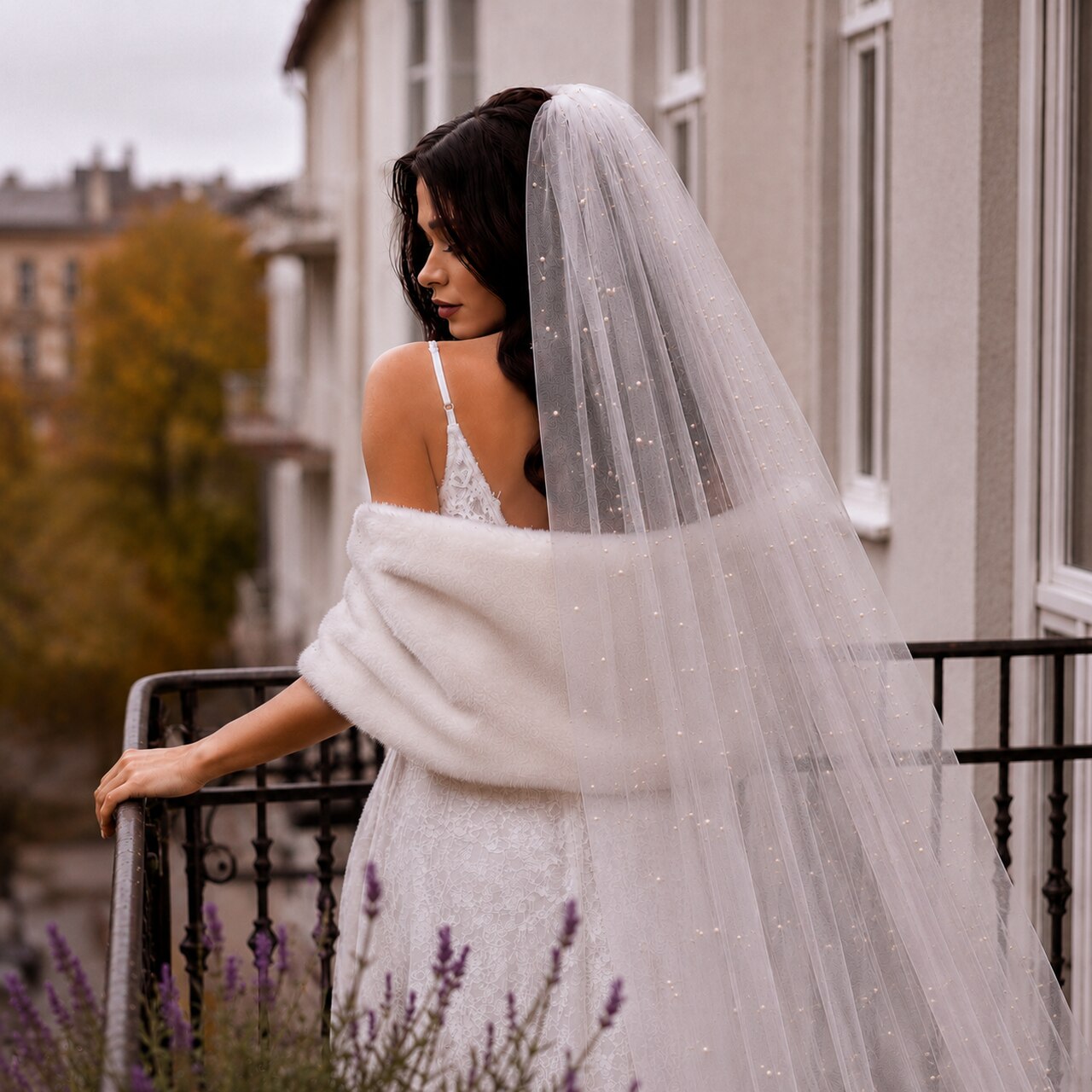 Long white pearl wedding veil